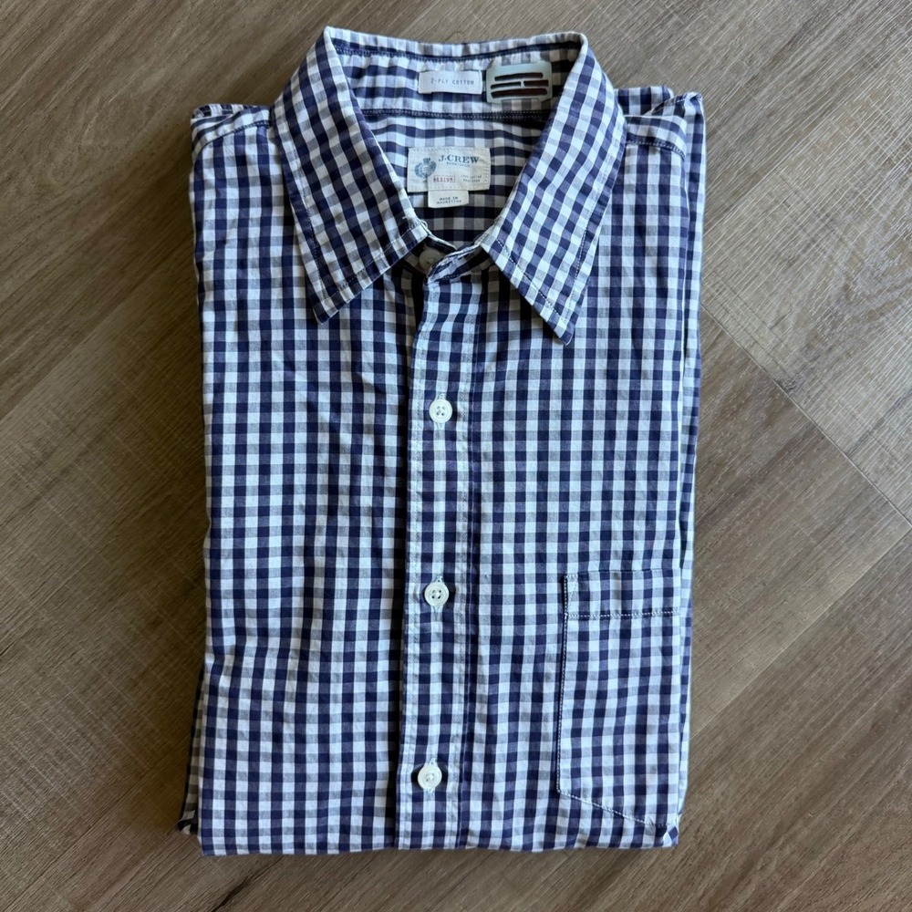 J.Crew Mens Medium Gingham Button Down Shirt NavyBlueWhite 2-Ply Cotton Long Slv